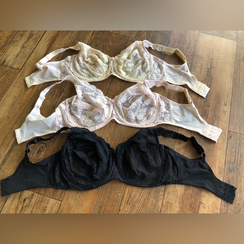 Vintage Lilyette Sheer Bra 36DD Lot Of 3, Pink Black Beige, Sexy Lace Underwire
